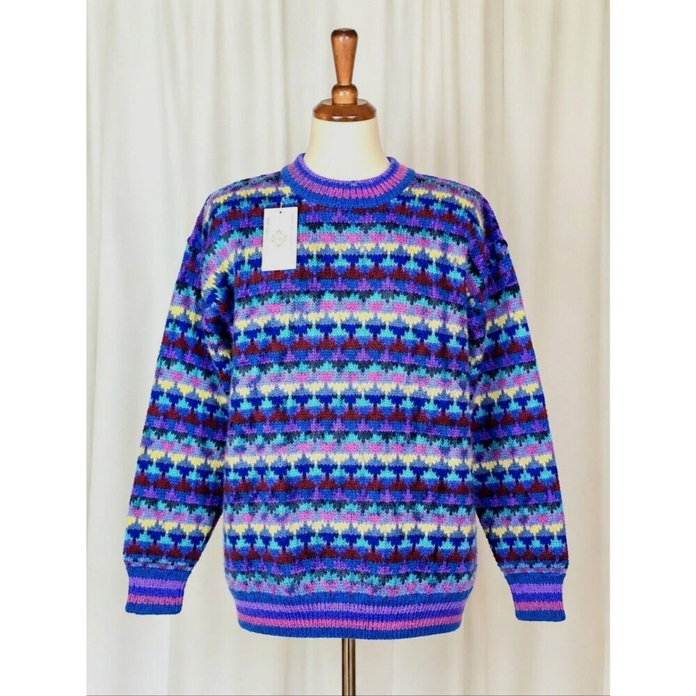 Vintage Lost Horizons Nepal Himalayan Wool Rainbow Fair Isle Hand Knit Sweater